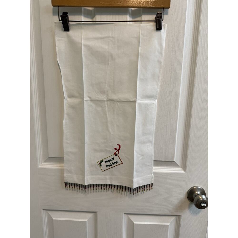 C&F Enterprises Holiday Towel White Red Green Bead Fringe 100% Cotton